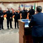 New officers are sworn in by Mayor Ferrell. Photo provided by the city of Federal Way.