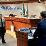 New Jail Transport Officer Matlock is sworn in by Mayor Ferrell. Photo provided by the city of Federal Way.