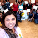 Jaqueline Garcia Castillo, Founder and Executive Director of Mujer al Volante, celebrating with MAV participants. Photo provided by Mujer al Volante.