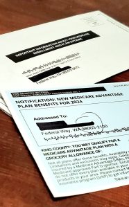 Photo by Keelin Everly-Lang
Recent mailers in Federal Way that provide reminders to enroll in Medicare Advantage plans. They remind residents that an important enrollment period is happening, but also serve as advertisements for private insurance companies that can be misleading.