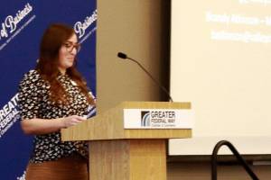 Photo by Keelin Everly-Lang / The Mirror
Brandy Atkinson from Valley Cities presents at the Chamber of Commerce Luncheon at the PAEC.