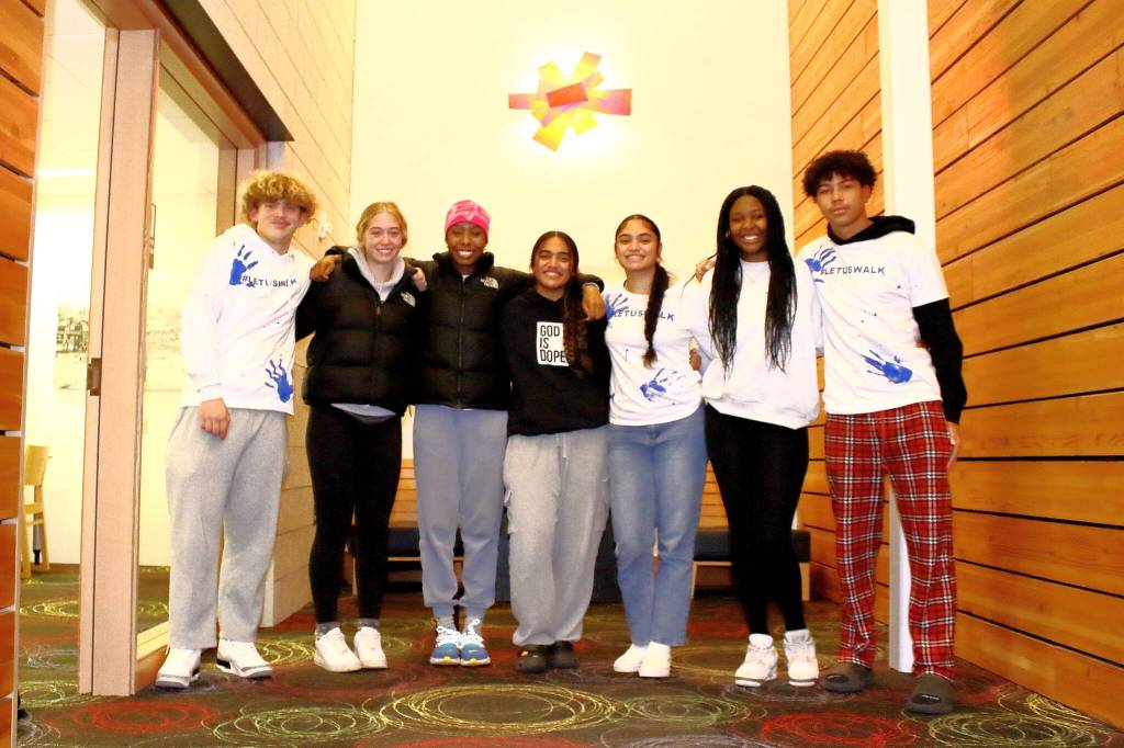 Federal Way High School students have joined together to advocate for safety improvements near their school. From left to right: Gabriel Knudsen, Meeghan Meagher, Kamya Ndungu, Sierra Vaifale, Serena Vaifale, Mariame Bongono and Todd Clark. (Photo by Keelin Everly-Lang / FW Mirror)
