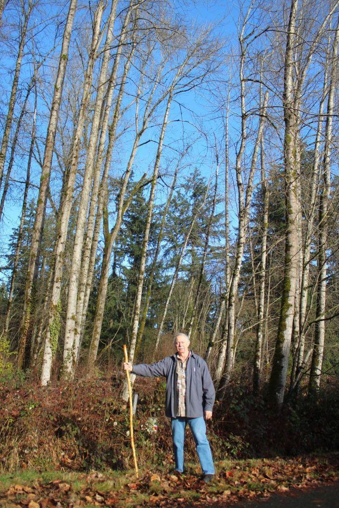 Loren Meiser holds a walking stick that he carved from one of the 50+ trees that used to fill his own property before a neighbors influence caused him to cut them down. (Photo by Keelin Everly-Lang / The Mirror)