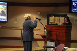Federal Way City Councilmember Linda Kochmar takes her oath as Council President. Photo by Keelin Everly-Lang / The Mirror