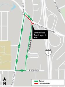 Map of recent overnight lane closures on SR 516 at 30th Avenue South. These closures were from Jan. 9-11 and more like it are coming this month. Photo courtesy of Sound Transit