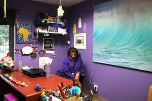 Danielle McFarlane in her colorful office at Twin Lakes Elementary. Photo by Keelin Everly-Lang / The Mirror.