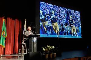 Mayor Jim Ferrell shares a football metaphor to talk about an updated permitting process on Feb. 15 at the PAEC in Federal Way. Photo by Keelin Everly-Lang / The Mirror