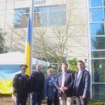 Raising of the Ukrainian flag at Federal Way City Hall on Friday, Feb. 23. (Photo by Keelin Everly-Lang / The Mirror)