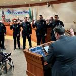 Mayor Jim Ferrell administered the oath to five newly appointed officers of the Federal Way Police Department, as follows (from left to right in the photo): Justin McKee, Ella Schlegel, Tiffany Parker, Victor Rodriguez and Alamalealof Tulenkun. Photo provided by David Solano of the City of Federal Way.