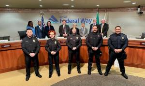Photo provided by David Solano of the City of Federal Way
New Federal Way Police officers: (from left to right in the photo): Justin McKee, Ella Schlegel, Tiffany Parker, Victor Rodriguez, and Alamalealof Tulenkun.