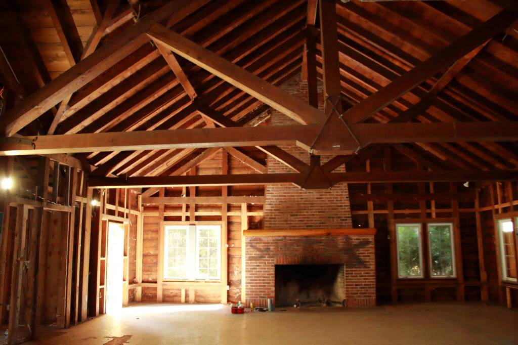 Inside the Rotary Lodge, one initial step of renovation has been clearing out insulation to expose the strong bones of the historic building. This will be completed in Phase II of the Camp Kilworth transformation into a functioning camp run by YMCA. Photo by Keelin Everly-Lang / The Mirror
