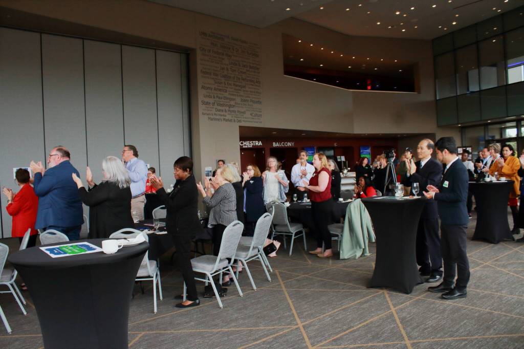 Terrell Dorsey received a standing ovation from the gathered municipal leaders at the event hosted by Pete Von Reichbauer at the Federal Way PAEC on Wednesday. Photo by Keelin Everly-Lang / The Mirror