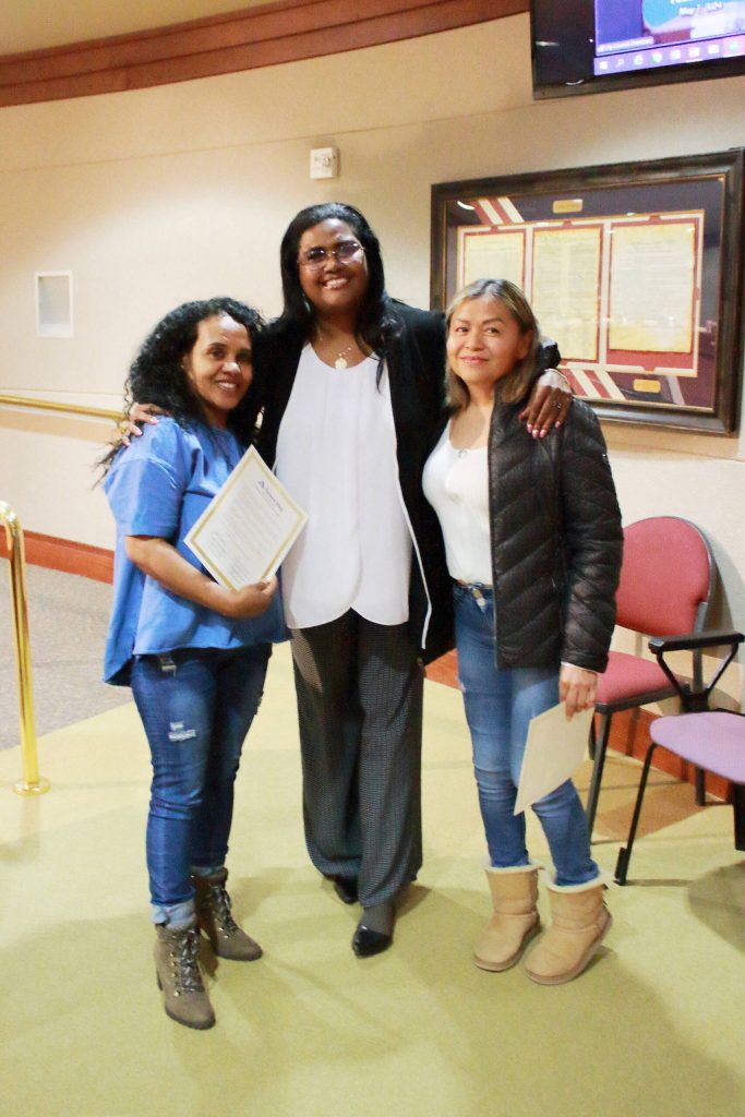 Lydia Tadalla and Monica Silva with Councilmember Lydia Assefa-Dawson after receiving the proclamation for the Appreciation Day for Child Care Providers.