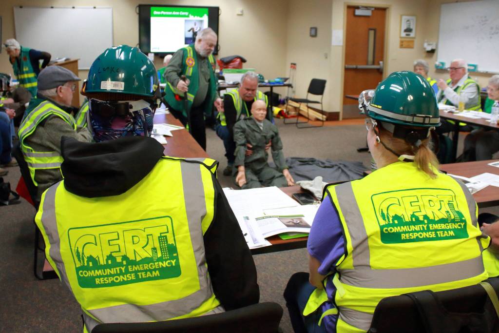 Although we hope never to have to see them, this is the uniform of someone who has taken the CERT Basic Training course. These vests and helmets will only be donned if they are officially called out to help by the citys emergency response team, but for now, they use them as they practice with hypothetical scenarios.