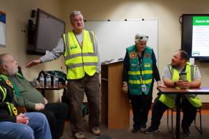 Assistant Instructor Ken Dawe demonstrates how close you should stay to your buddy as a member of the Community Emergency Response Team when responding to a disaster. Photo by Keelin Everly-Lang / The Mirror
