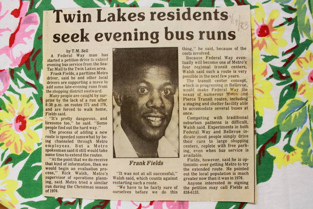 Frank Fields was featured in the Federal Way newspaper in 1983. Article courtesy of the Historical Society of Federal Way.