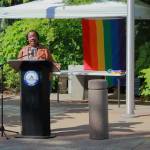 Chair of the Diversity Commission Saudia Abdullah speaks at the Pride flag raising. Photo by Keelin Everly-Lang/The Mirror