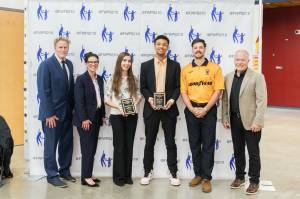 Decaturs Maddie Mitchell and Jonah Jones stand with Federal Way Public Schools Superintendent Dr. Dani Pfeiffer, Terry Jenks (Decatur AD) and Jerry Peterson. Photo provided by FWPS.