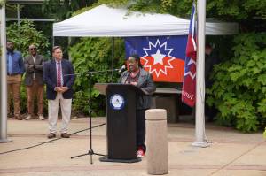 We gather today to raise this flag in celebration and remembrance. Let this flag serve as a powerful reminder of the hardships African people endured in this country and the struggles they have overcome and continue to face today, Diversity Commission Chair Saudia Abdullah said to the crowd outside City Hall. Photo by Max Burchi/The Mirror