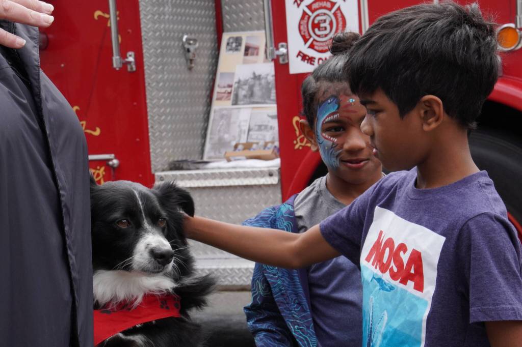 Two brothers petting the Zone 3 Fire Cadets Fire Engine dog at the South King Fire 75th anniversary.