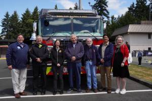 Mayor Jim Ferrell and Chief Dave Van Valkenburg, along with others, at the South King Fire 75th anniversary. Photo by Joshua Solorzano/The Mirror