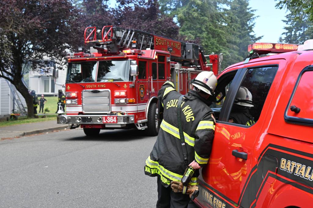 At around 1:45 p.m. June 24, South King Fire crews stopped a fire at an apartment complex in the 34000 block of 1st Circle South in Federal Way. Courtesy photo