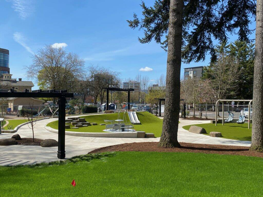 The Esther Short Park in Vancouver, Washington, features a variety of inclusive and accessible elements. Photo from Harpers Park, the design consultant on the project.