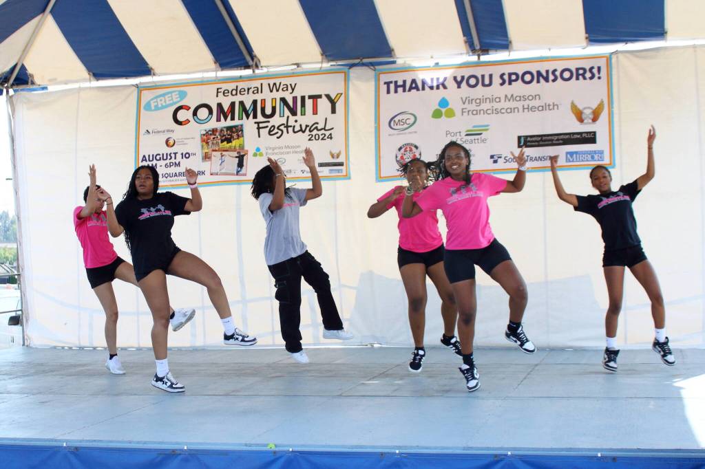 Phenomenal She dance team takes the stage at the Federal Way Community Festival. Phenomenal She is a local nonprofit in Federal Way. Photo by Keelin Everly-Lang / the Mirror