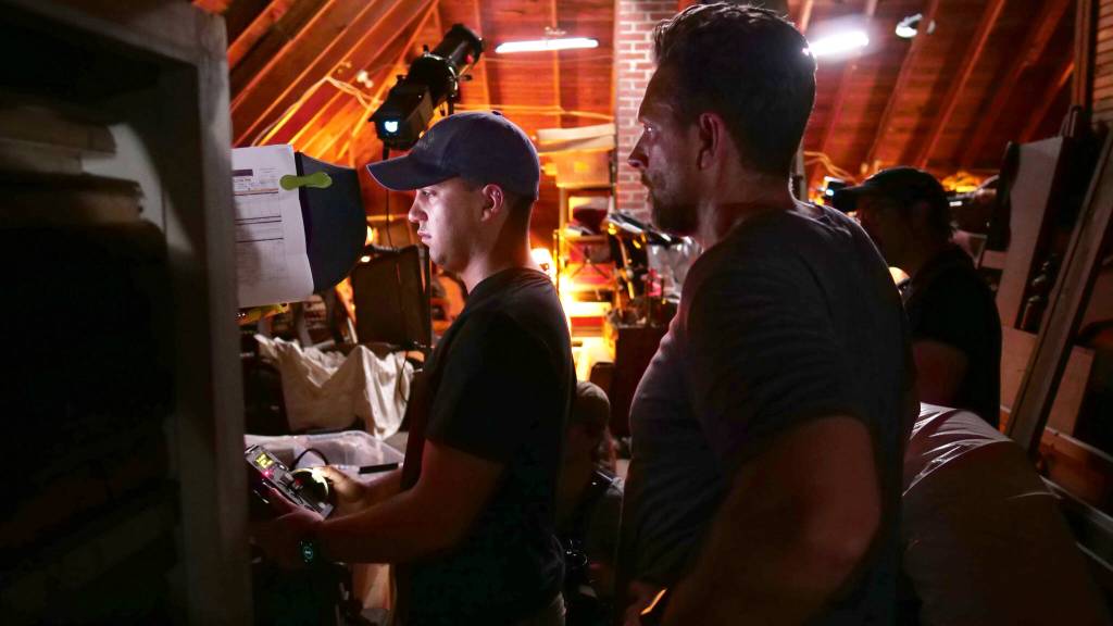 Kerry Bellessa with 1st Camera Assistant (AC) Jacob Depp on the set of Amber Alert. Photos by Shaun Greenspan