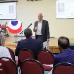 Sound Transit interim CEO Goran Sparrman thanks Federal Way Mayor Jim Ferrell for the citys partnership on Sound Transit projects during a town hall on Sept. 5. Photo by Keelin Everly-Lang / the Mirror