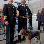 Chief Dave Van Valkenburg of South King Fire and retired engineer and K9 handler A.J. Frank and retired K9 Kersee. Photo by Keelin Everly-Lang / the Mirror