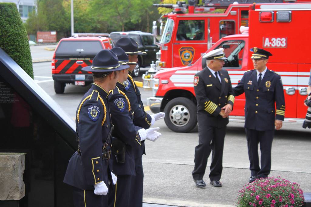Members of the Federal Way Police Department and South King Fire Honor Guard at the permanent memorial at Station 64 in Federal Way. Photo by Keelin Everly-Lang / the Mirror