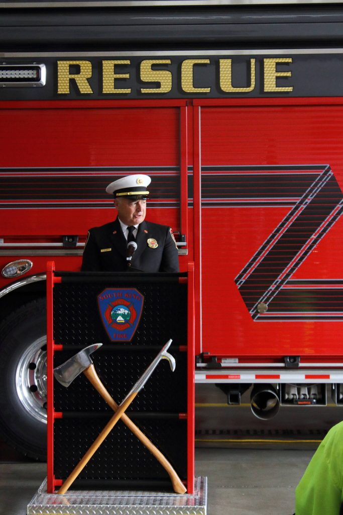 Chief Dave Van Valkenburg of South King Fire speaks at Station 64 at the 9/11 memorial tribute event held Wednesday. Photo by Keelin Everly-Lang / the Mirror