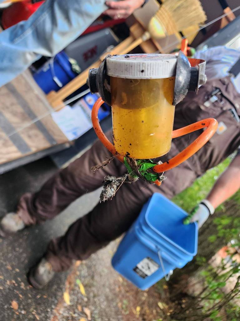 A volunteer shows a pill bottle that was found during the Hylebos cleanup. Courtesy photo
