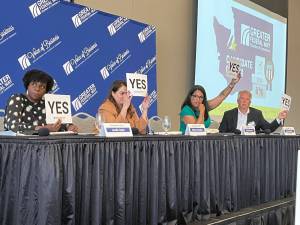 The Greater Federal Way Chamber of Commerce hosted a forum for 30th Legislative District candidates during its membership luncheon Oct. 2. Pictured left to right: Jamila Taylor, Melissa Hamilton, Kristine Reeves and Quentin Morris answer a lightning round question. The candidates will appear in another forum at 6 p.m. Oct. 8 at the Federal Way Community Center thats free and open to the public. Photo by Andy Hobbs/The Mirror