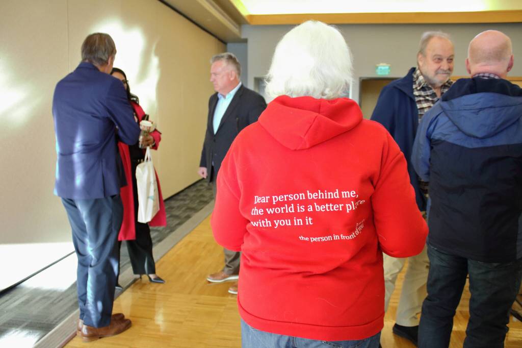 Lana Bostic of the Federal Way Senior Commission spread a positive message with her sweatshirt at the Legislative Agenda Breakfast. Photo by Keelin Everly-Lang / the Mirror