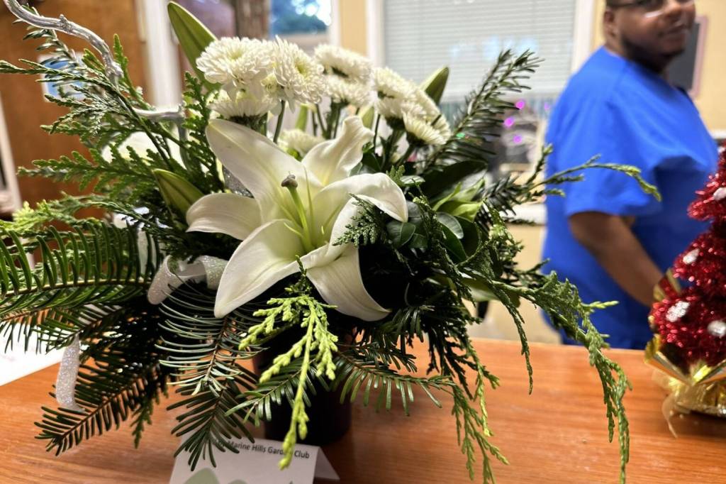 Each floral arrangement had its unique holiday elements, made to bring some joy to seniors this season from the Marine Hills Garden Club. Photo provided by Debbie Angel