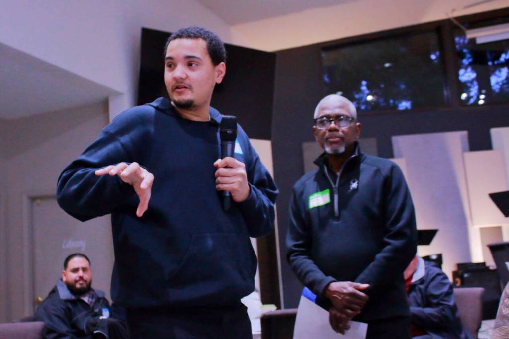 Over 40 people gathered at the Lifeway Church in Federal Way for a Joint Church Summit on Homelessness on March 11. We all have a common goal  to minister to the homeless, said event facilitator George Houston from the Federal Way Church of the Nazarene. The event featured representatives from at least 26 churches in Federal Way who all provide services to unhoused people in the community in some way. Pictured: Marquise Hale and Pastor George Houston at the Joint Church Summit on Homelessness. File photo
Over 40 people gathered at the Lifeway Church in Federal Way for a Joint Church Summit on Homelessness on March 11. We all have a common goal  to minister to the homeless, said event facilitator George Houston from the Federal Way Church of the Nazarene. The event featured representatives from at least 26 churches in Federal Way who all provide services to unhoused people in the community in some way. Pictured: Marquise Hale and Pastor George Houston at the Joint Church Summit on Homelessness. File photo