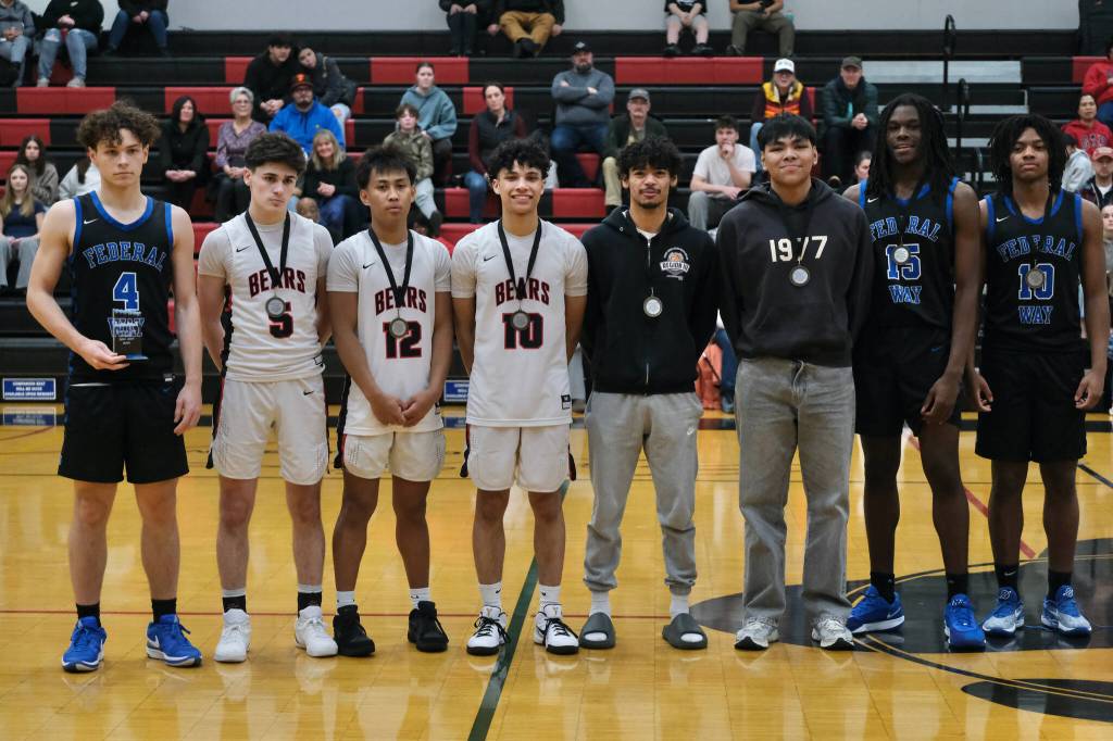 The 2024 GHCCC boys All-Tournament Team are MVP Brayden McVey (Federal Way), Brandon Casperson (Juneau-Douglas High School: Yadaa.at Kalé), Joren Gasga (JDHS), Pedrin Saceda-Hurt (JDHS), Izaiah Gilbert (Soldotna), Chiko Jacob (Cordova), Saxon Niles (Federal Way) and Geron White (Federal Way).