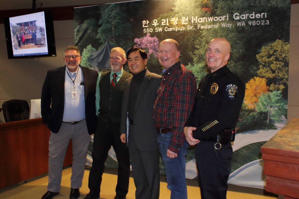 Parks Director John Hutton, Federal Way Finance Director Steve Groom, Former Mayor Mike Park, Councilmember Jack Walsh and FWPD Deputy Chief Kyle Sumpter.
Parks Director John Hutton, Federal Way Finance Director Steve Groom, Former Mayor Mike Park, Councilmember Jack Walsh and FWPD Deputy Chief Kyle Sumpter. Photo by Keelin Everly-Lang / the Mirror