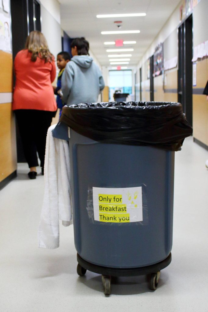 Special trash cans are used to make sure that any trash from breakfast dont leave classrooms messy or smelly after students eat. Photo by Keelin Everly-Lang / the Mirror.