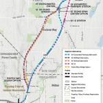 For the area of light rail between Federal Way and Fife, two alternatives would generally align with I-5 while the other three would go along SR-99. Graphic provided by Sound Transit.