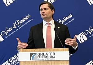 Photo by Andy Hobbs/The Mirror
Washington State Treasurer Mike Pellicciotti speaks Feb. 5 at the Greater Federal Way Chamber of Commerce luncheon.
