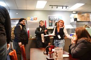 Photos by Bruce Honda
The Federal Way Mirrors Hot off the Presses on Feb. 11 featured local speakers and community members at Poverty Bay Cafe in partnership with FUSION. Pictured: Anthony Buccieri of the Historical Society of Federal Way, Amanda Miller of the South King Tool Library (and other organizations), Keelin Everly-Lang of the Federal Way Mirror and Melissa Hamilton of Kiwanis and other community organizations.