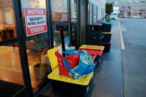 At FUSIONs temporary severe weather shelter, they balance safety, cleanliness and respect for peoples belongings by keeping them in totes outside. Photo by Keelin Everly-Lang / the Mirror