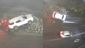 Pictured left to right: The vehicle after it first struck the median and when it was landing on its side. Courtesy photo.