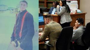 Photo by Joshua Solorzano/The Mirror.
Left to right, a photo Juan Carlos Con-Guzman from opening statements, and defense counsel and Rudy Garcia-Hernandez on Feb. 25, 2025.