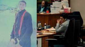 Left to right: A photo of Juan Carlos Guzman displayed in the courtroom and Rudy Garcia-Hernandez at his first day on trial. Joshua Solorzano/The Mirror
