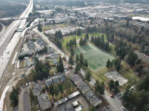 Aerial photo from 2023 of the soccer fields and skate park near Steel Lake where the future operations and maintenance facility for the citys parks department will be located. Photo courtesy of Bruce Honda
