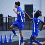 Jay Hernandez jumps in celebration after scoring the Eagles second goal of the game. Ben Ray / The Mirror